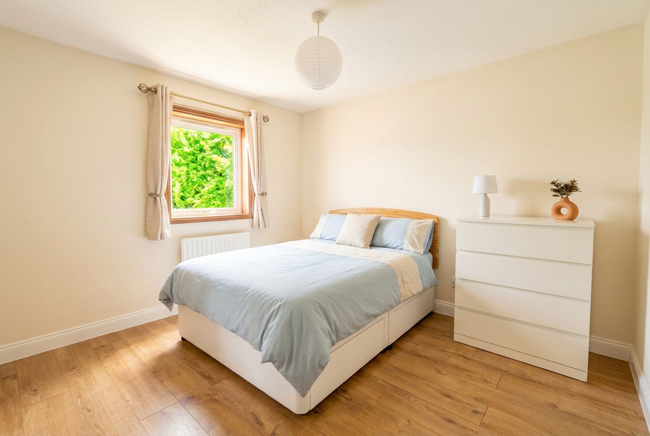 A bright, welcoming bedroom in a Supportworks home